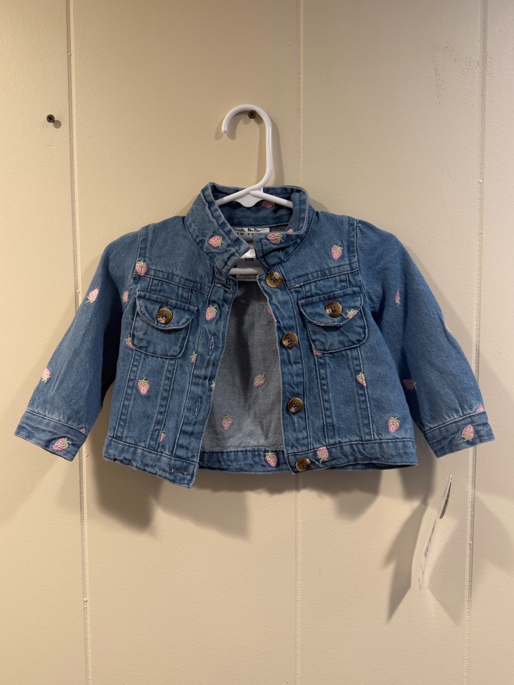 Nicole Miller Light Blue Denim Jacket with Pink Strawberry Embroidery